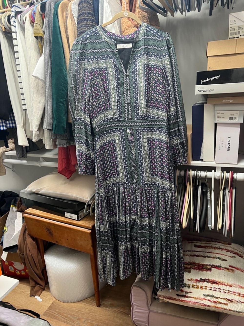Joie Print Long Sleeve Midi Dress in Forest Green and Purple